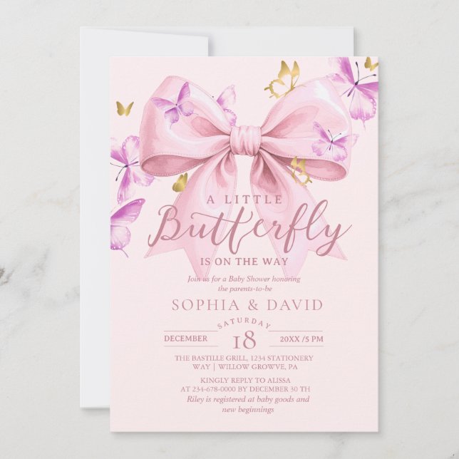 Invitación Gold A Little Butterfly  Pink Bow Baby Shower  (Anverso)