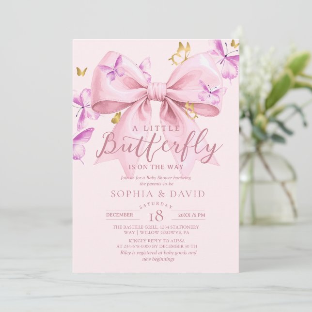 Invitación Gold A Little Butterfly  Pink Bow Baby Shower  (Anverso de pie)