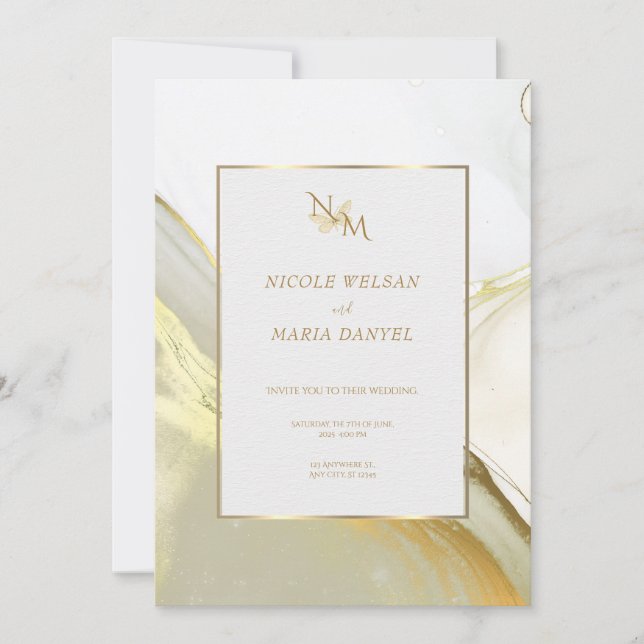 Invitación Gold Alcohol Ink White Elegant Wedding Invitation (Anverso)