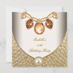 Invitación Gold Amber Pearls Jewels Imagen Crema Cumpleaños