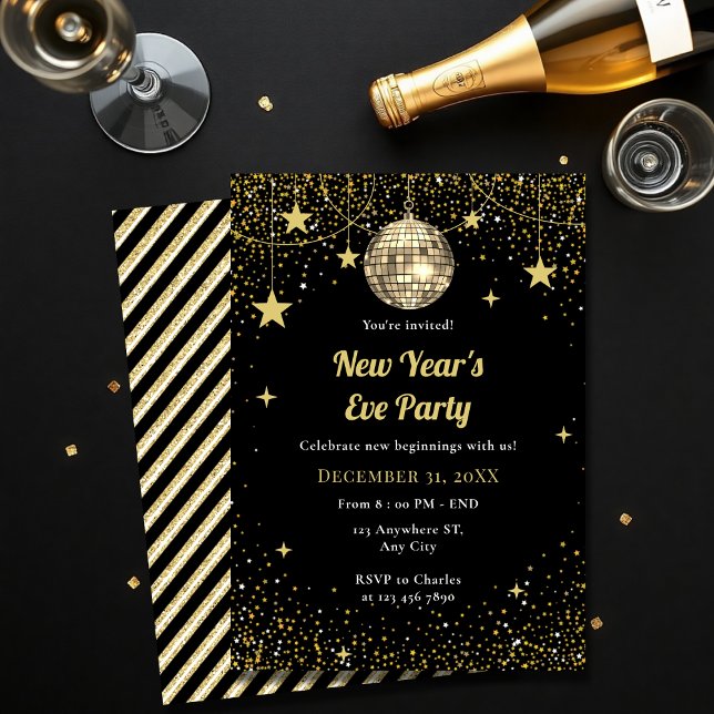 Invitación Gold and Black Stars Confetti New Year's Eve Party (Subido por el creador)