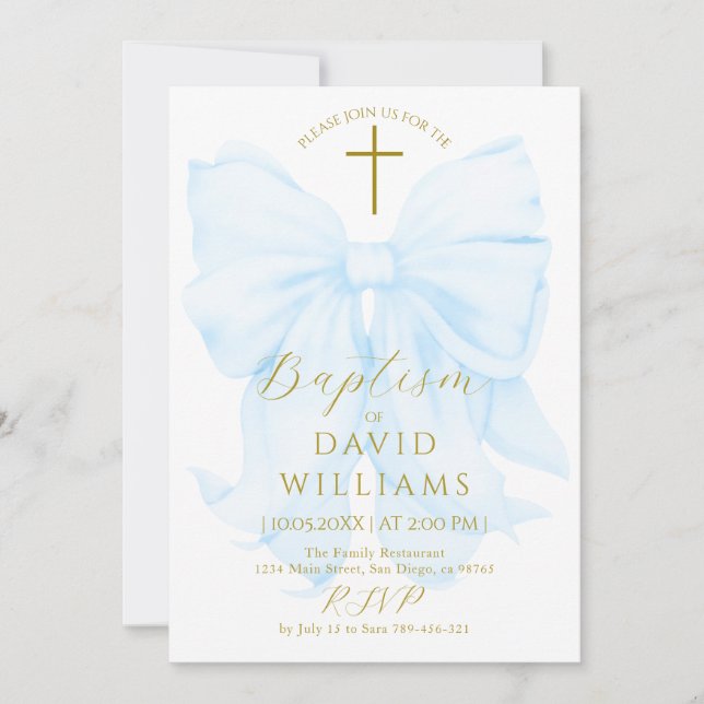 Invitación Gold and Blue Bow Boy Baptism Elegant Digital (Anverso)