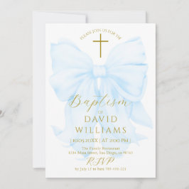 Invitación Gold and Blue Bow Boy Baptism Elegant Digital