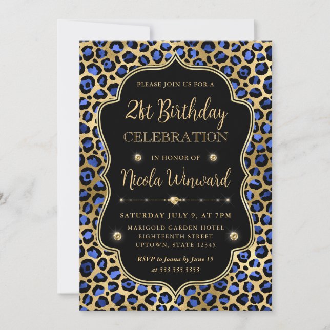 Invitación Gold and Blue Leopard Print Birthday Party (Anverso)