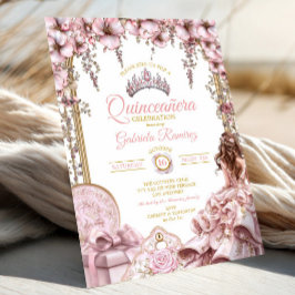 Invitación Gold and Blush Pink Tiara Floral Quinceañera