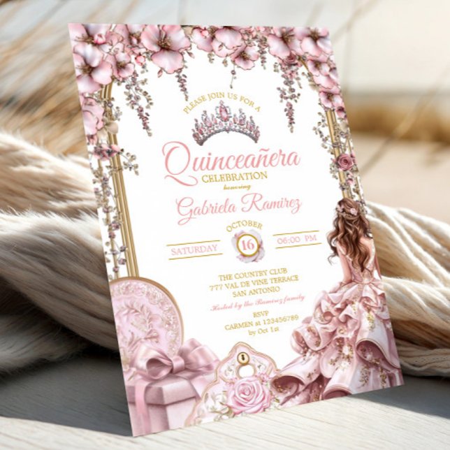 Invitación Gold and Blush Pink Tiara Floral Quinceañera (Subido por el creador)