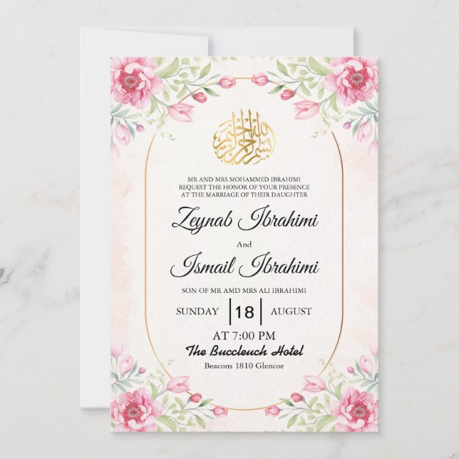 Invitación Gold and Floral,Leaves Pink Islamic Muslim Wedding (Anverso)