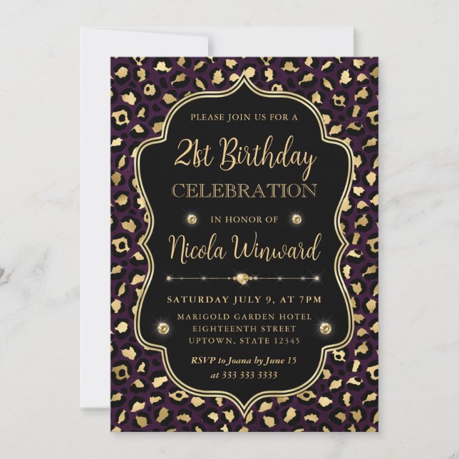 Invitación Gold and Purple Leopard Print Birthday Party (Anverso)