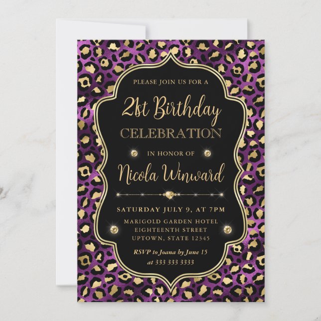 Invitación Gold and Purple Leopard Print Birthday Party (Anverso)