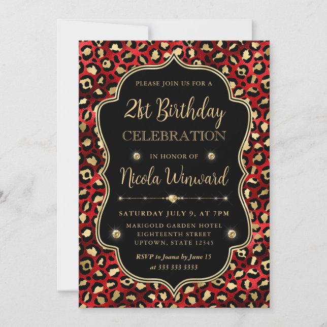 Invitación Gold and Red Leopard Print Birthday Party (Anverso)