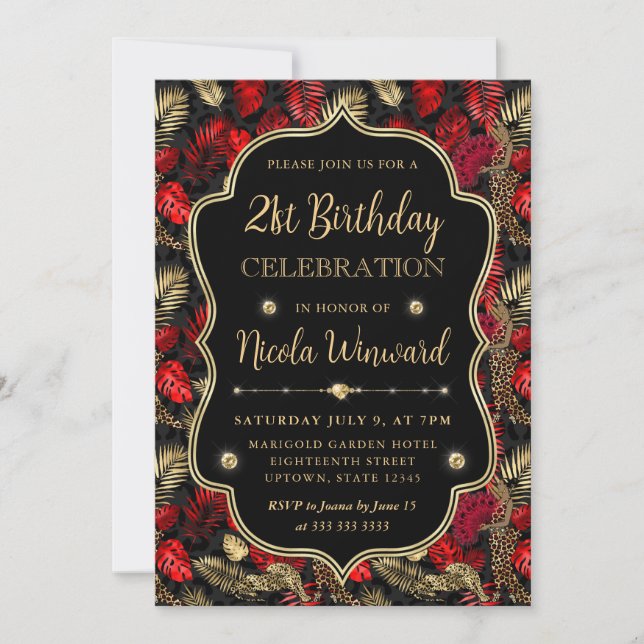 Invitación Gold and Red Leopard Print Birthday Party (Anverso)