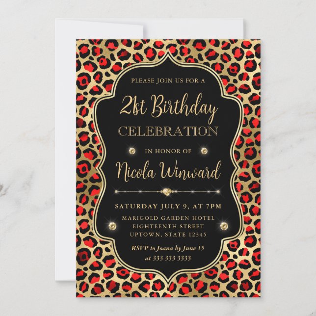 Invitación Gold and Red Leopard Print Birthday Party (Anverso)