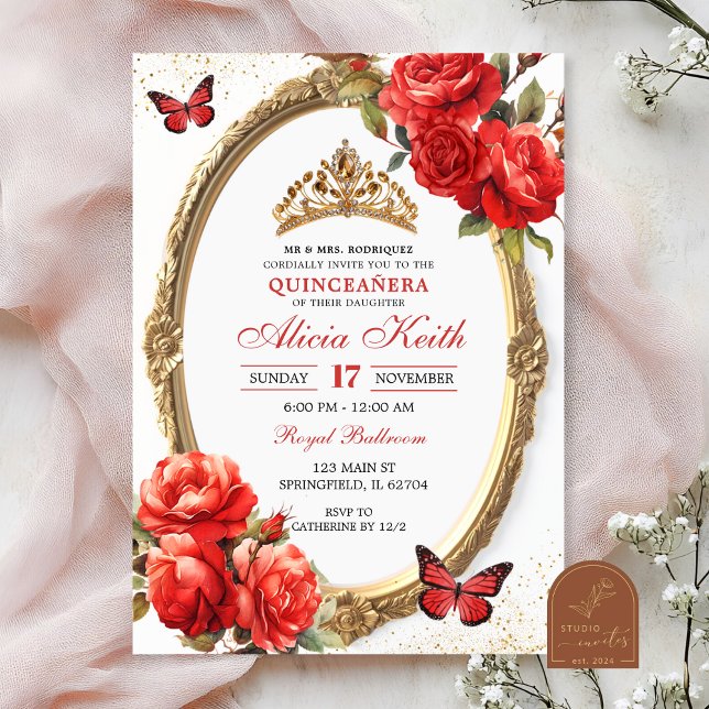 Invitación Gold and Red Roses Gold Quinceanera Invitation (Subido por el creador)