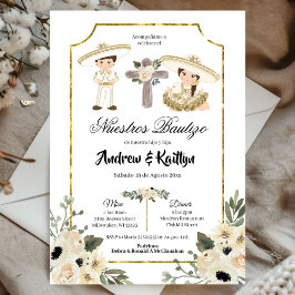 Invitación Gold and White Floral Sibling Boy and Girl Bautizo