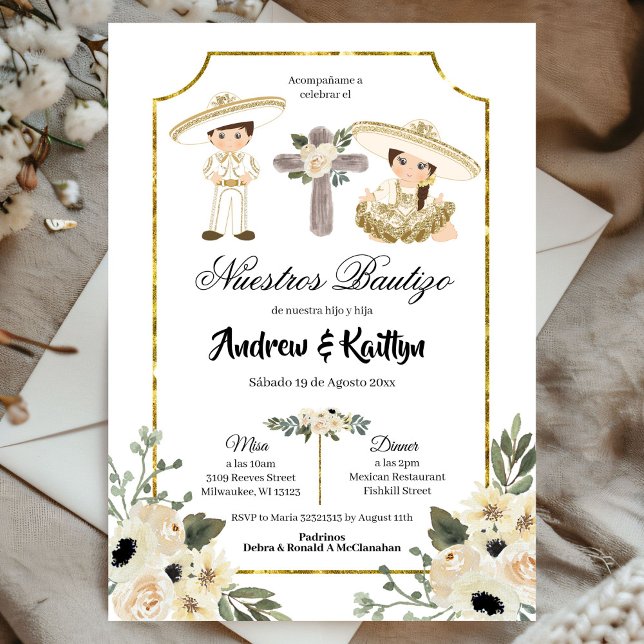Invitación Gold and White Floral Sibling Boy and Girl Bautizo (Subido por el creador)