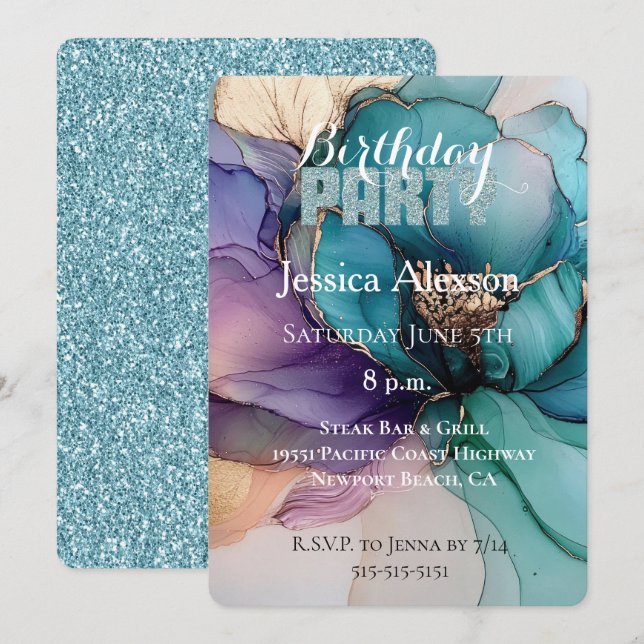 Invitación Gold Aqua Blue Purpurina Purple Flower Cumpleaños (Anverso / Reverso)