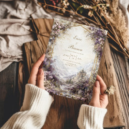 Invitación Gold Arch Pink and Purple Floral Castle Wedding