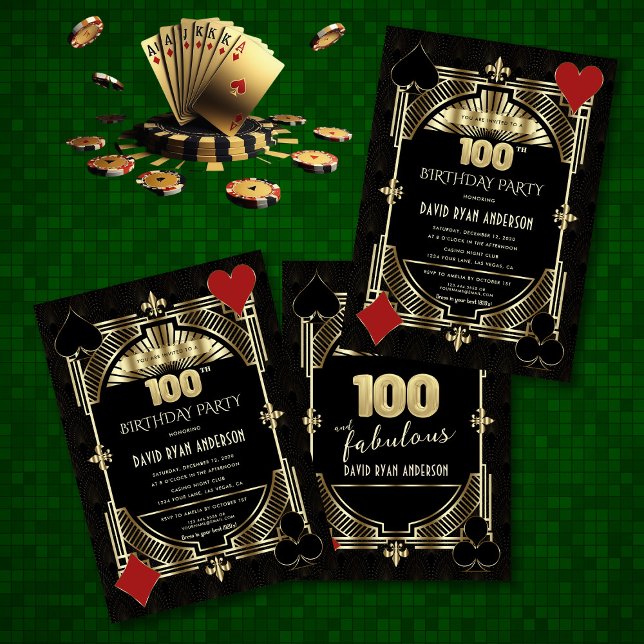 Invitación Gold Art Deco Casino Poker Man 100 cumpleaños (Subido por el creador)
