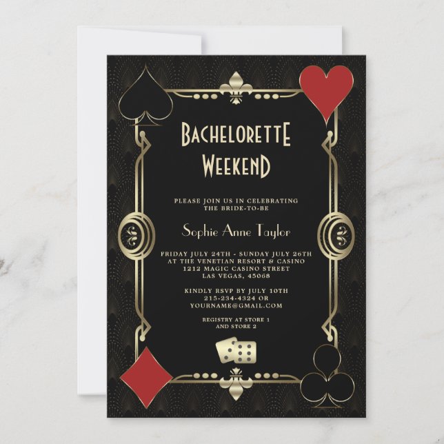 Invitación Gold Art Deco Vegas Casino Bachelorette Weekend (Anverso)