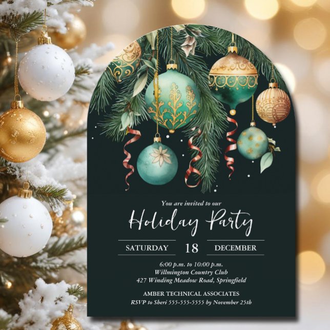 Invitación Gold Baubles Christmas Tree Party (Gold and green Christmas Tree Ornaments party invitations, PRINTED and/or INSTANT DOWNLOAD)