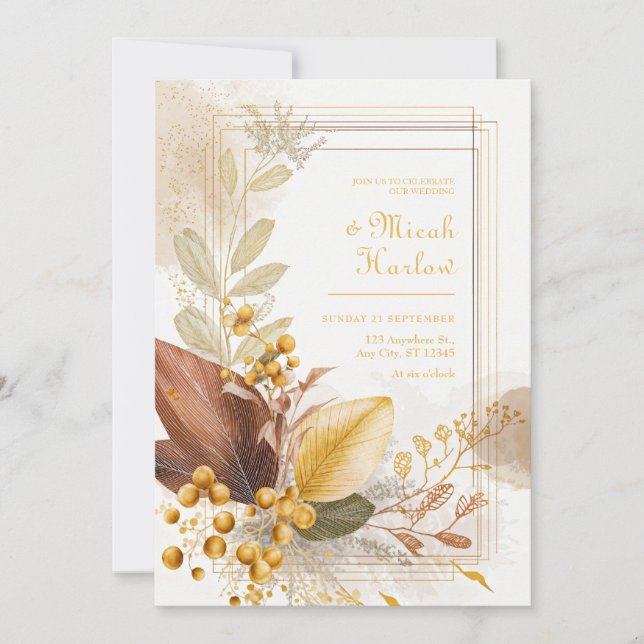 Invitación Gold Berry Sienna Leaf Botanical Wedding (Anverso)