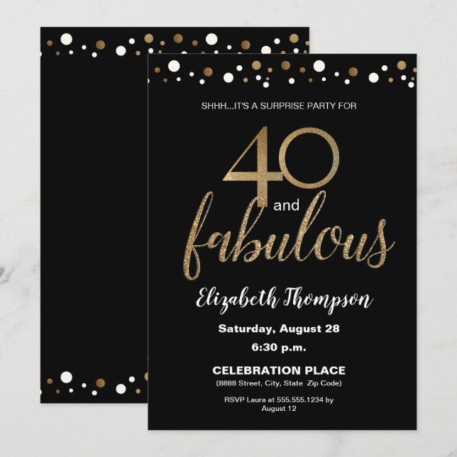 Invitación Gold Black 40 y fabulosa fiesta de cumpleaños sorp (Anverso / Reverso)