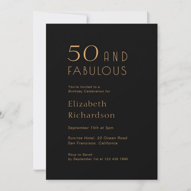 Invitación Gold Black 50 and Fabulous Birthday Party (Anverso)