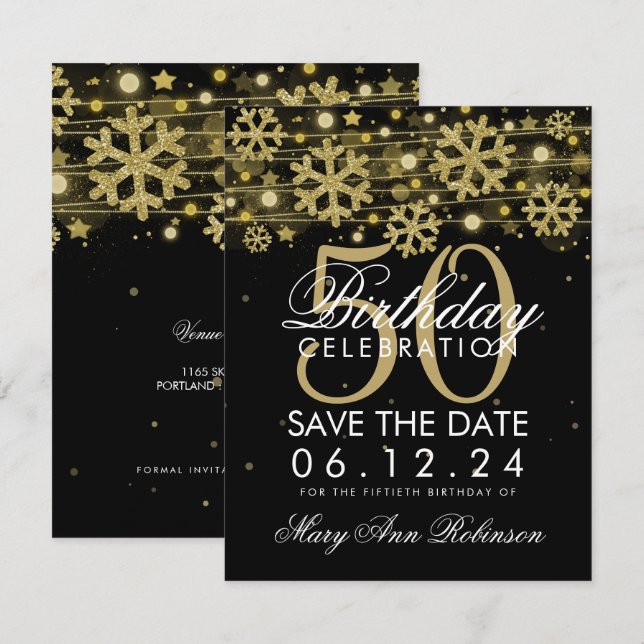 Invitación Gold Black 50 cumpleaños Save Date Winter (Anverso / Reverso)