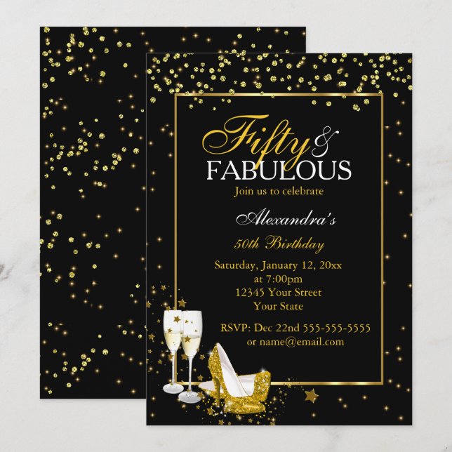 Invitación Gold Black 50 Fabuloso fiesta de champán cumpleaño (Anverso / Reverso)