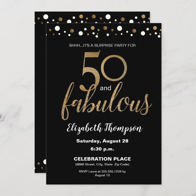 Invitación Gold Black 50 y fabulosa fiesta de cumpleaños sorp (Anverso / Reverso)