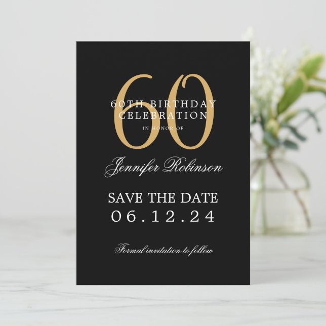Invitación Gold Black 60th Birthday Save the Date con detalle (Anverso de pie)