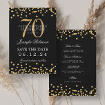 Invitación Gold Black 70th Birthday Guardar la fecha y detall<br><div class="desc">Elegante diseño de la "fiesta de cumpleaños número 70" con falsos confeti purpurinas y texto de detalles. Fácil de usar y fácil de personalizar. ¡No te quedes sin el tuyo!</div>
