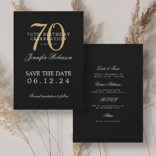 Invitación Gold Black 70th Birthday Save the Date con detalle