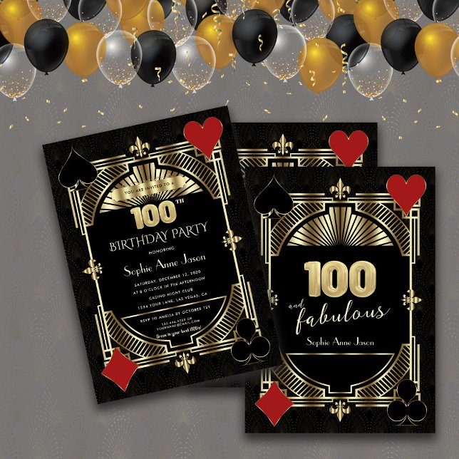 Invitación Gold Black Art Deco Casino Poker 100 cumpleaños (#birthdayinvitation #casinobirthdayparty)