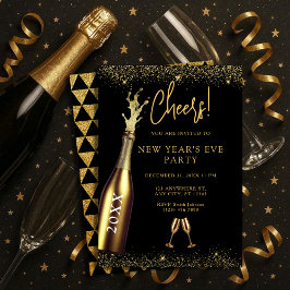 Invitación Gold & Black Champagne Bottle New Year's Eve Party