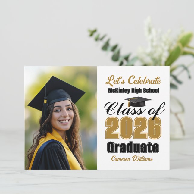 Invitación Gold Black Class of 2026 Photo Graduation Party (Anverso de pie)