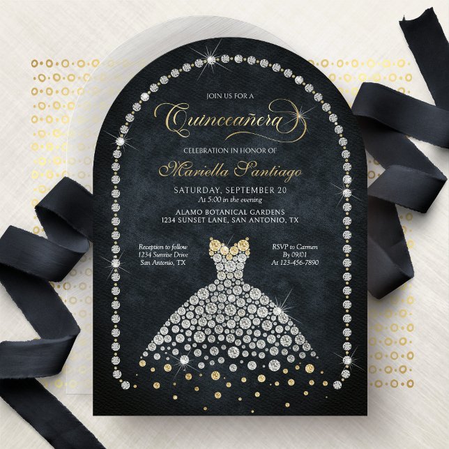 Invitación Gold Black Diamonds Elegant Quinceanera Invitation (Subido por el creador)
