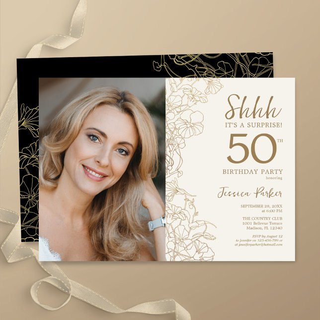 Invitación Gold Black Elegant Surprise Foto 50 cumpleaños (Subido por el creador)