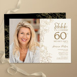 Invitación Gold Black Elegant Surprise Foto 60 cumpleaños<br><div class="desc">Crema de oro floral y sorpresa negra invitan a la fiesta de cumpleaños número 60 con tu foto en la parte delantera de la tarjeta. Diseño elegante y moderno con detalles botánicos de dibujos y tipografía. Sencilla carta de invitación a la moda, perfecta para una elegante celebración de cumpleaños femenina....</div>