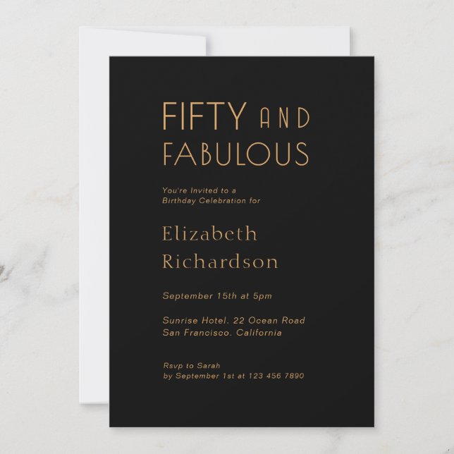 Invitación Gold Black Fifty and Fabulous 50th Birthday Party  (Anverso)
