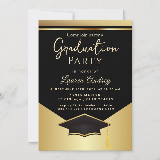 Invitación Gold Black Graduation Party Invitation (Anverso)