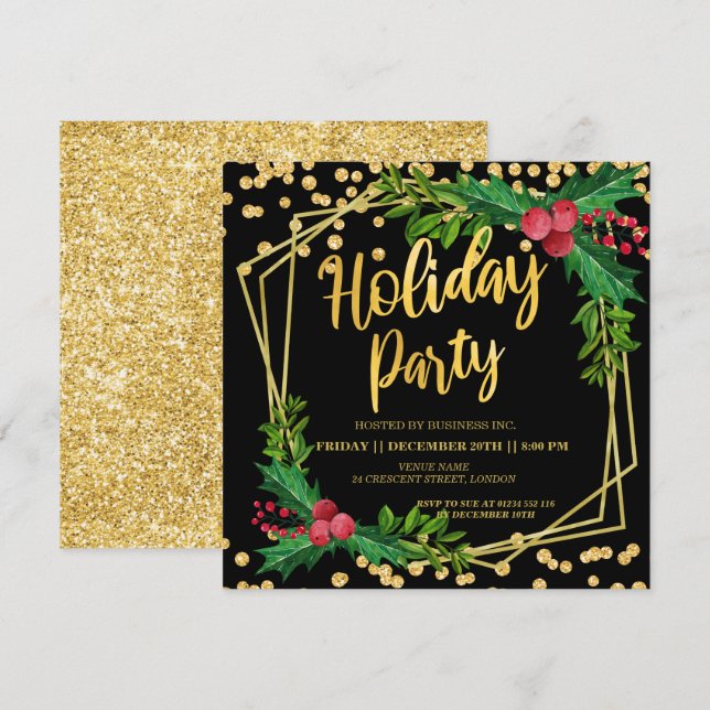 Invitación Gold Black Holly Frame Purpurina Holiday Corporate (Anverso / Reverso)