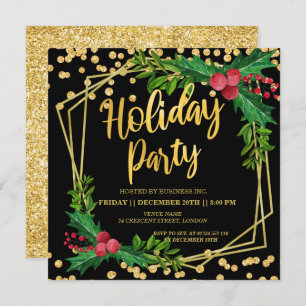 Invitación Gold Black Holly Frame Purpurina Holiday Corporate