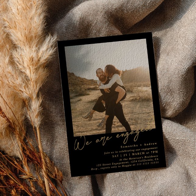 Invitación Gold Black minimalist 2 photos engagement party (Gold Black minimalist 2 photos engagement party Invitation)
