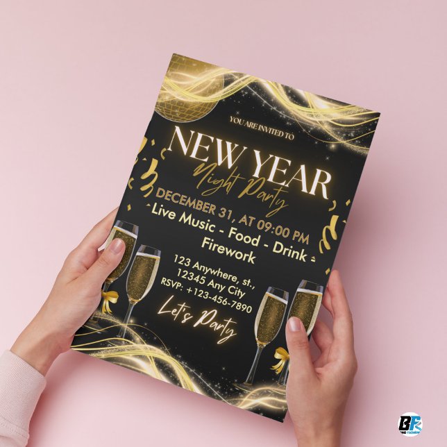 Invitación Gold & Black Modern  New Year Night Party (New Year Party Invitation)