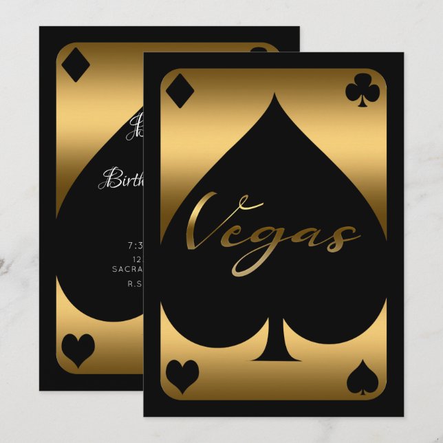 Invitación Gold & Black Spade Casino Las Vegas Cumpleaños 21 (Anverso / Reverso)