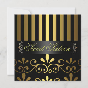 Invitación Gold/Black Stripe & Swirl Sweet 16 Invitation