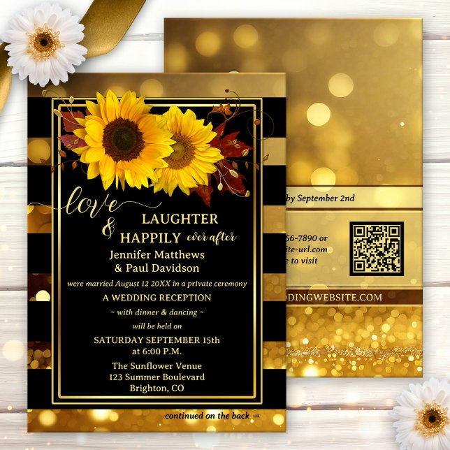 Invitación Gold Black Sunflower Happily Ever After Wedding (Happily ever after wedding invitation featuring sunflowers and autumn leaves on chic black)