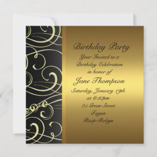 Invitación Gold/Black Swirl Side Border Birthday Invite