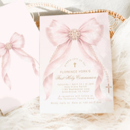 Invitación Gold Blush Pink Bow First Holly Communion